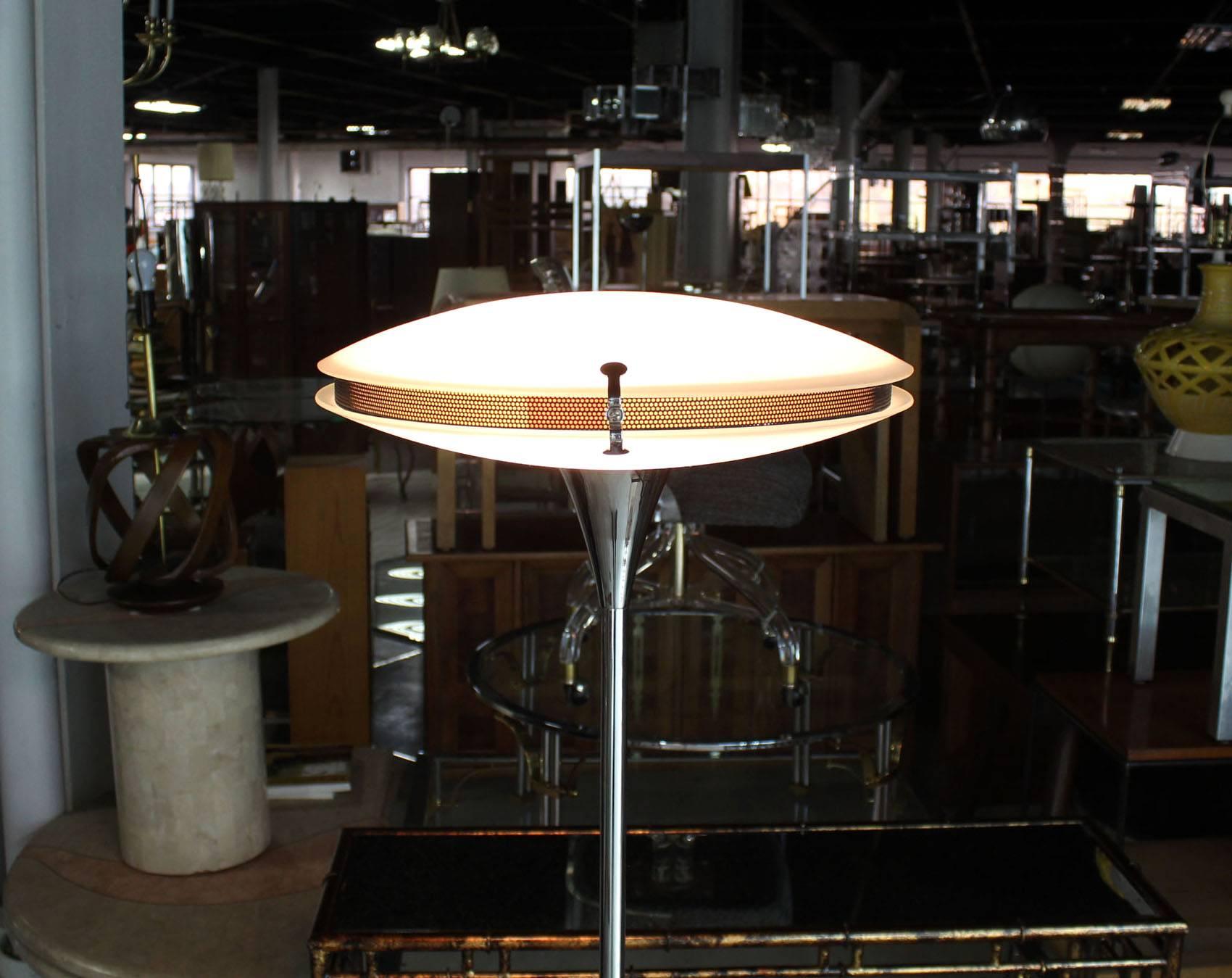 Mid-Century Modern Chrome Saucer Shape Shade Top Frosted Glass Floor Lamp   For Sale