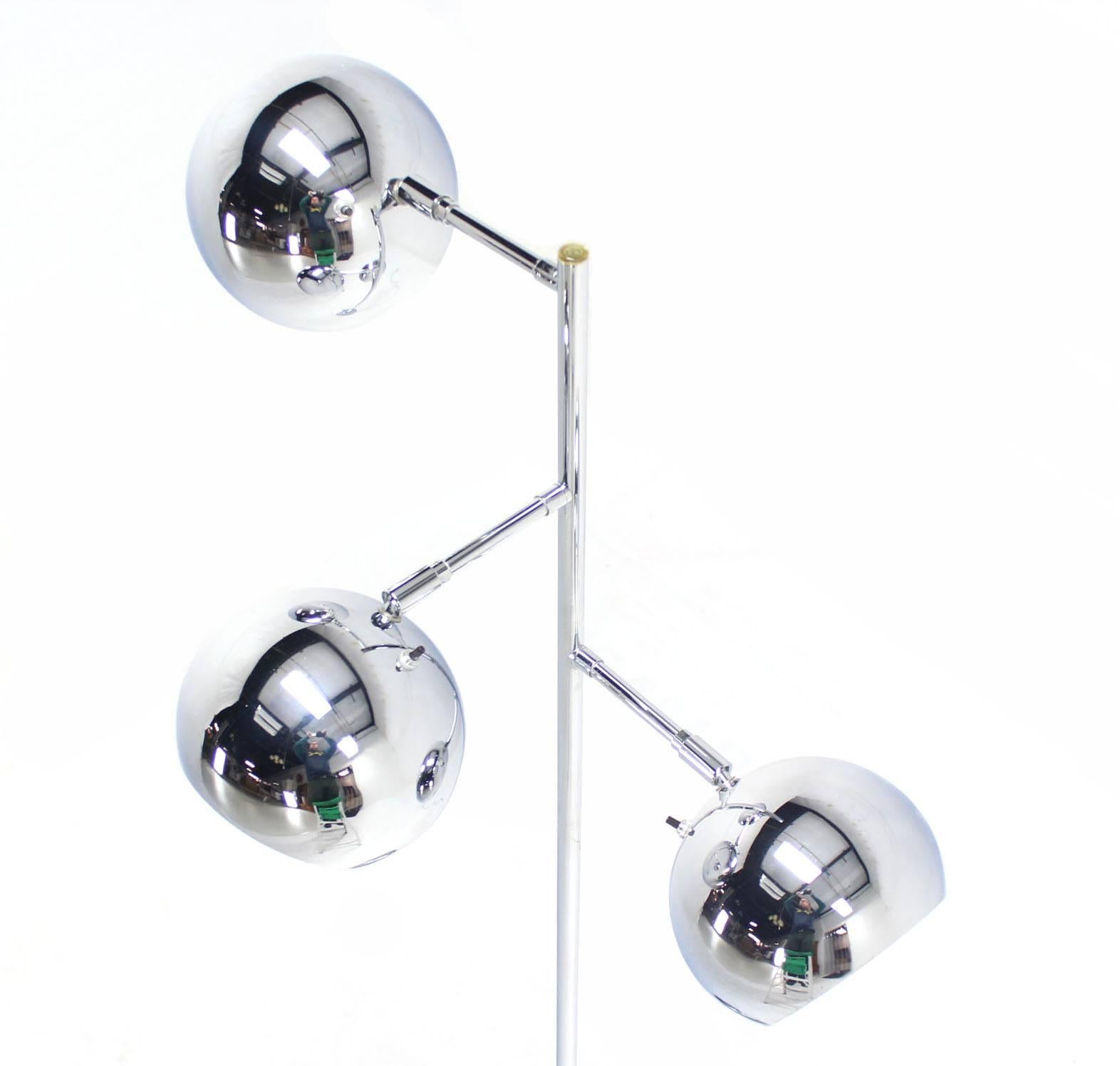 American Koch Lowy Three Globe Shades Chrome Floor Lamp Adjustable Light Fixture.