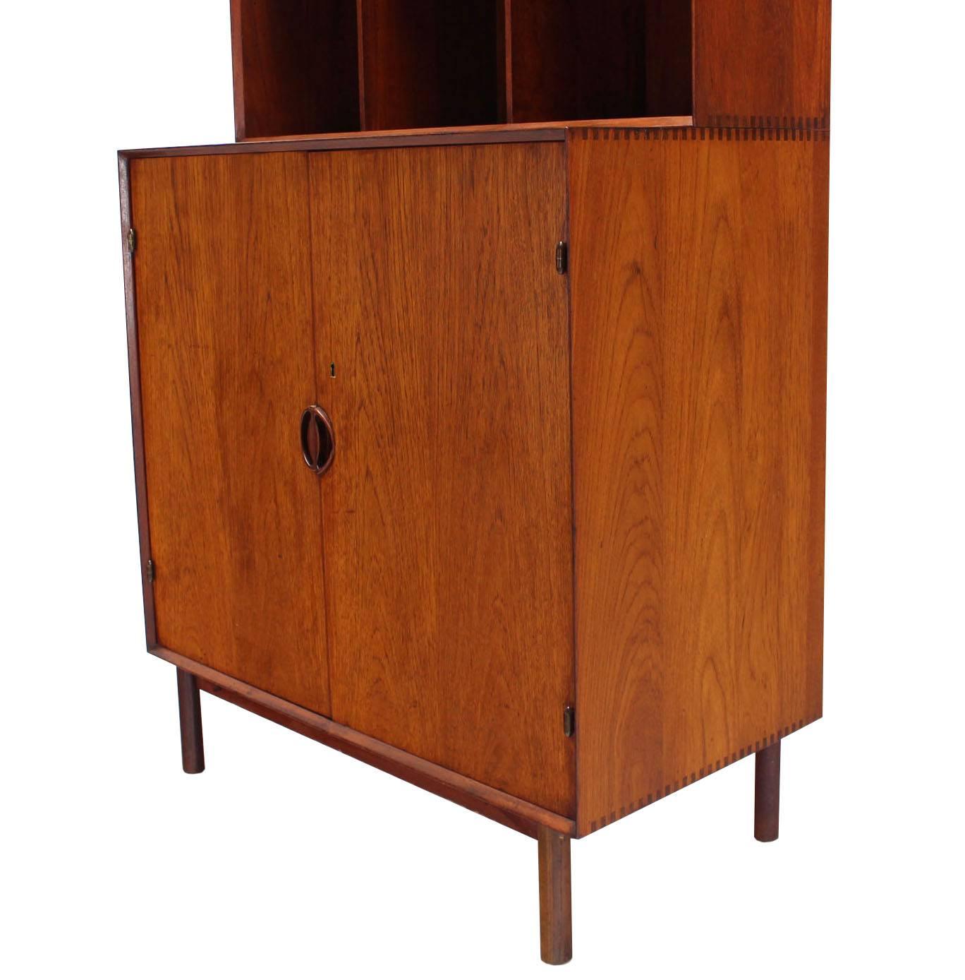 Lacquered Peter Hvidt Solid Teak Bookcase Two Doors Chest of Drawers Cabinet Dowel Legs For Sale