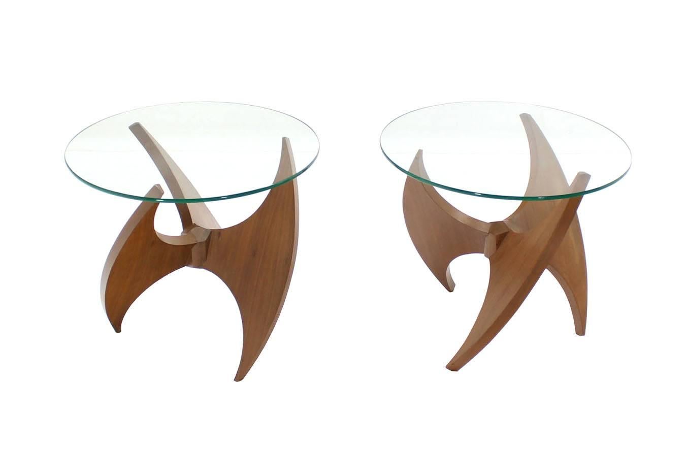 Walnut Propeller Base Glass Top Round End Side Tables  In Excellent Condition In Rockaway, NJ