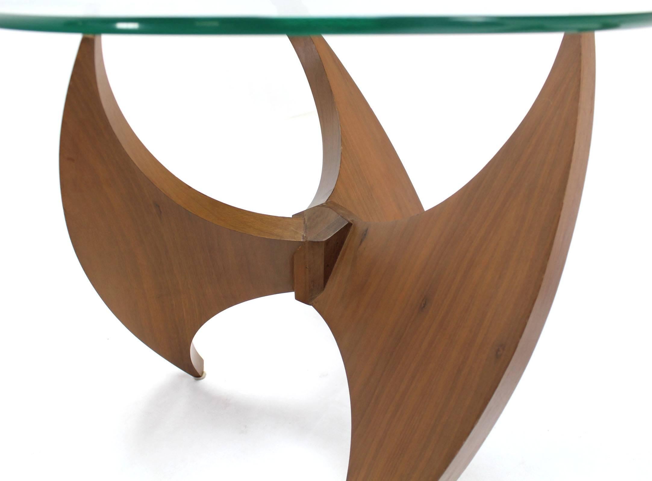 Mid-Century Modern Walnut Propeller Base Glass Top Round End Side Tables 