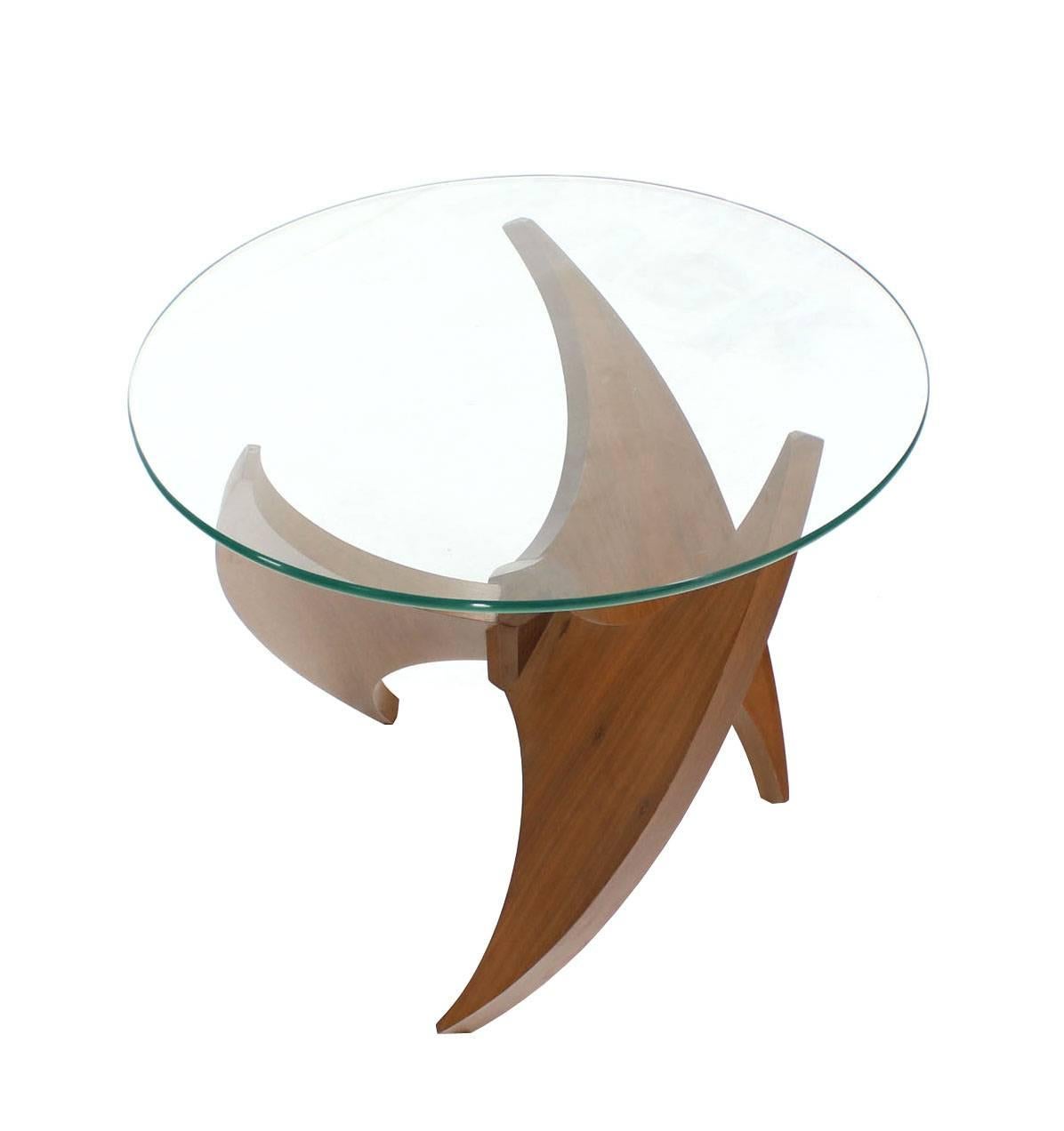 Lacquered Walnut Propeller Base Glass Top Round End Side Tables 