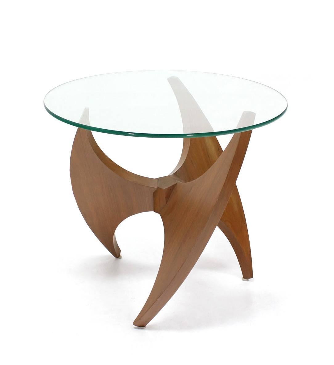 American Walnut Propeller Base Glass Top Round End Side Tables 