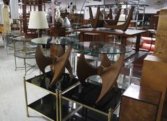 Walnut Propeller Base Glass Top Round End Side Tables