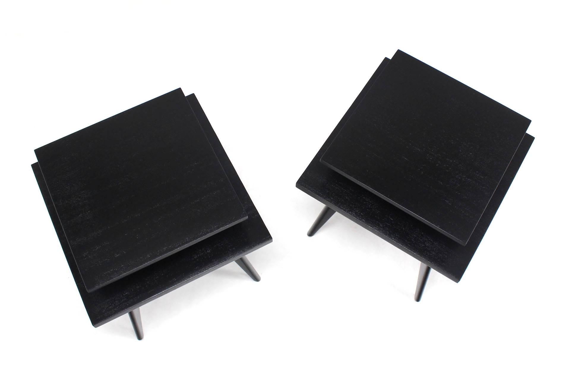Blackened Pair of Black Lacquer Square Step Side Tables on Tapered Legs