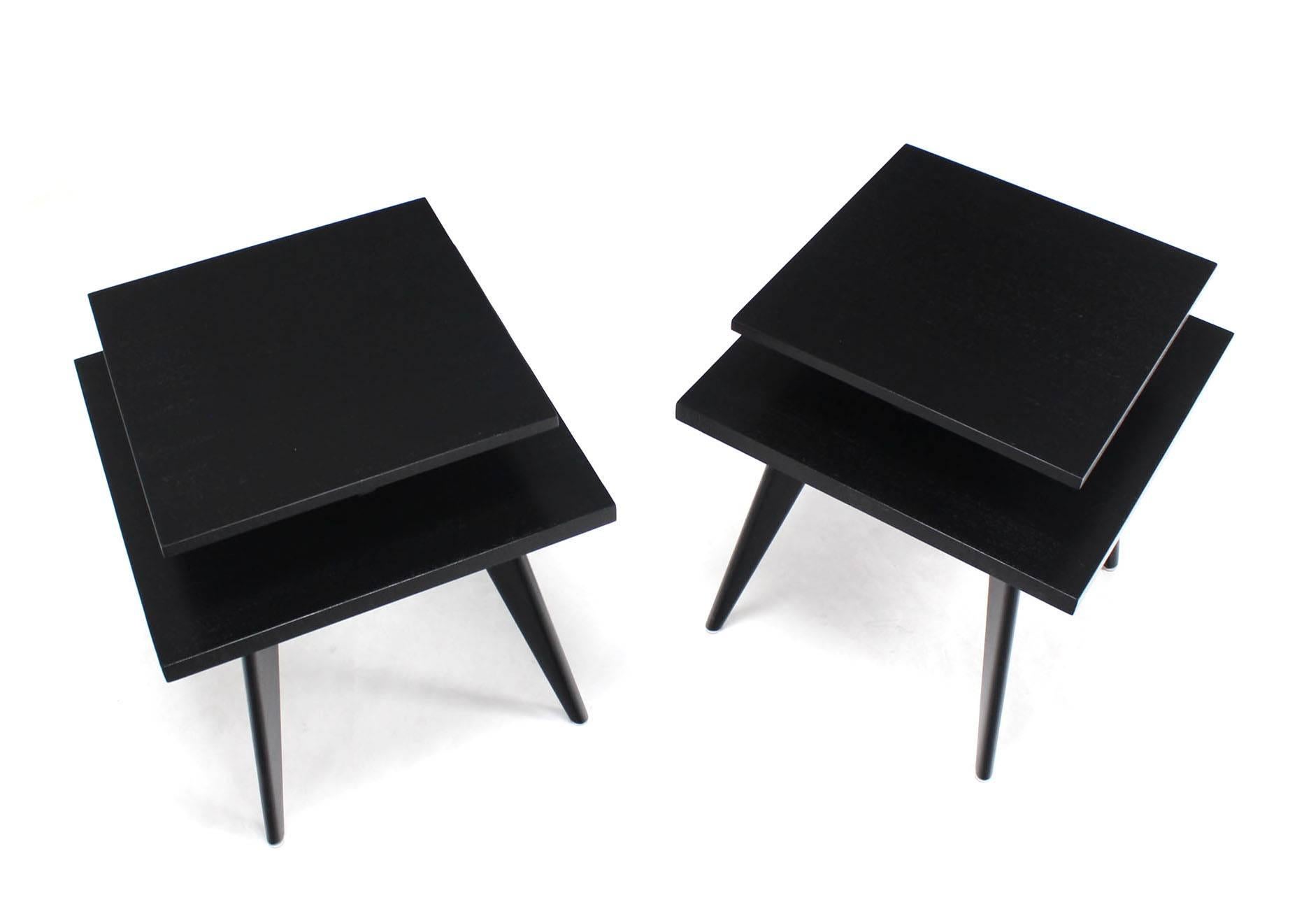 20th Century Pair of Black Lacquer Square Step Side Tables on Tapered Legs