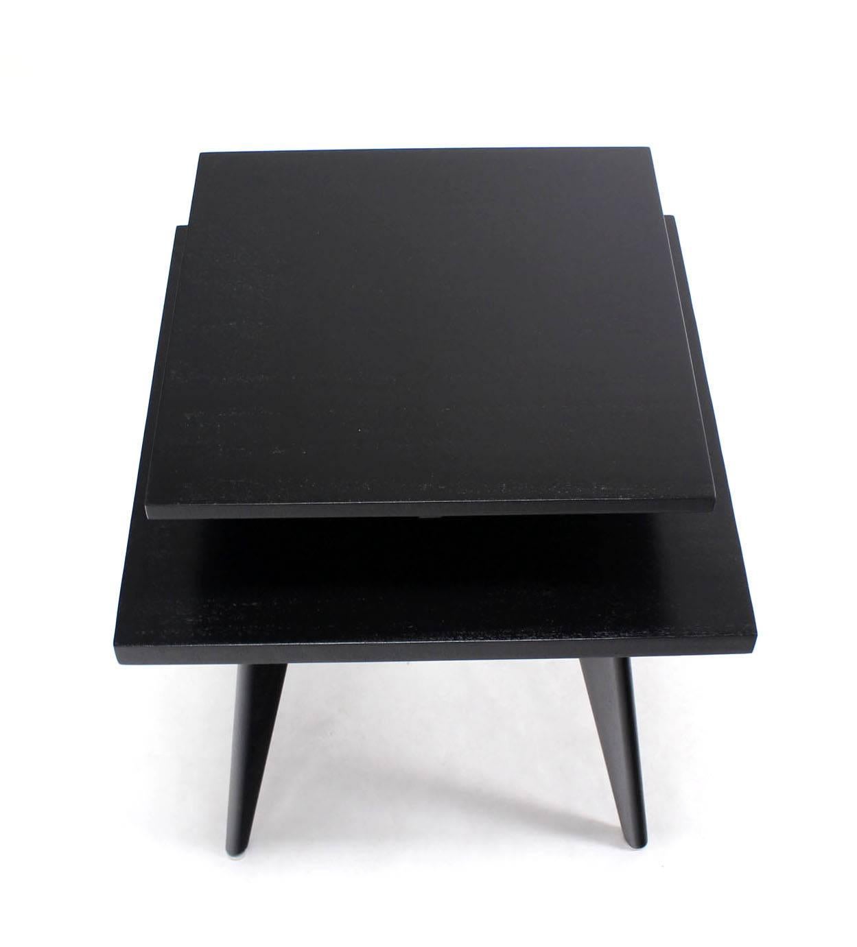 Walnut Pair of Black Lacquer Square Step Side Tables on Tapered Legs