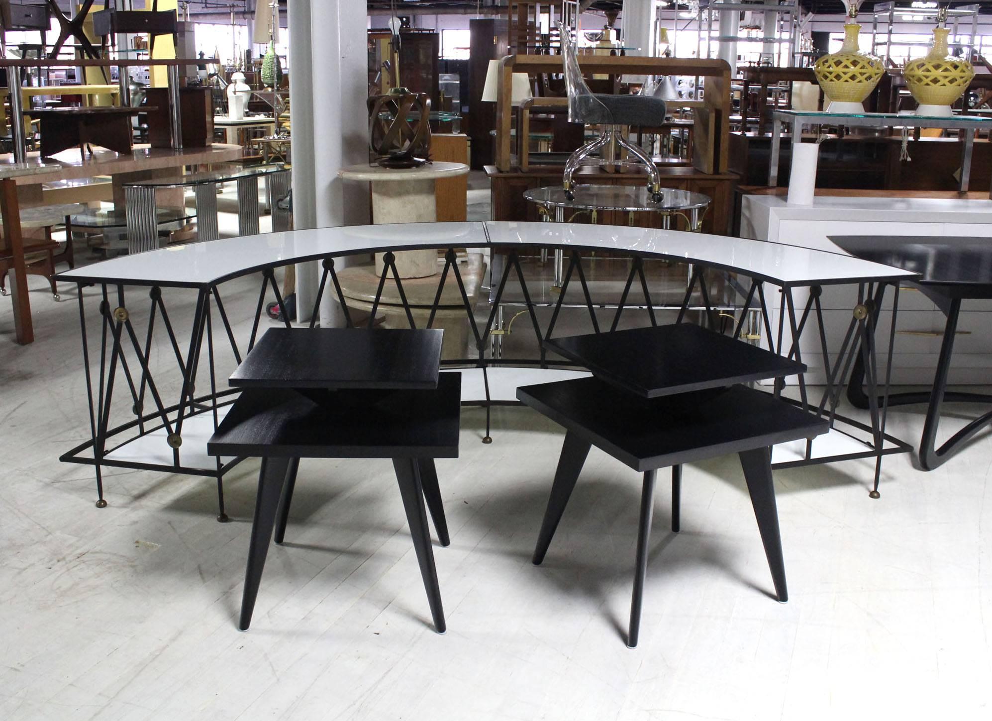 American Pair of Black Lacquer Square Step Side Tables on Tapered Legs
