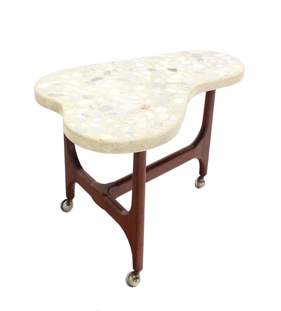 Organic Shape Solid Oiled Walnut Base Travertine Terrazzo  Top End Side Table  For Sale 1