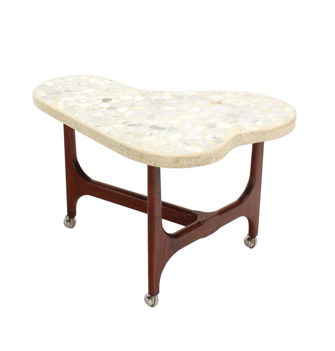 Mid-Century Modern Organic Shape Solid Oiled Walnut Base Travertine Terrazzo  Top End Side Table  For Sale