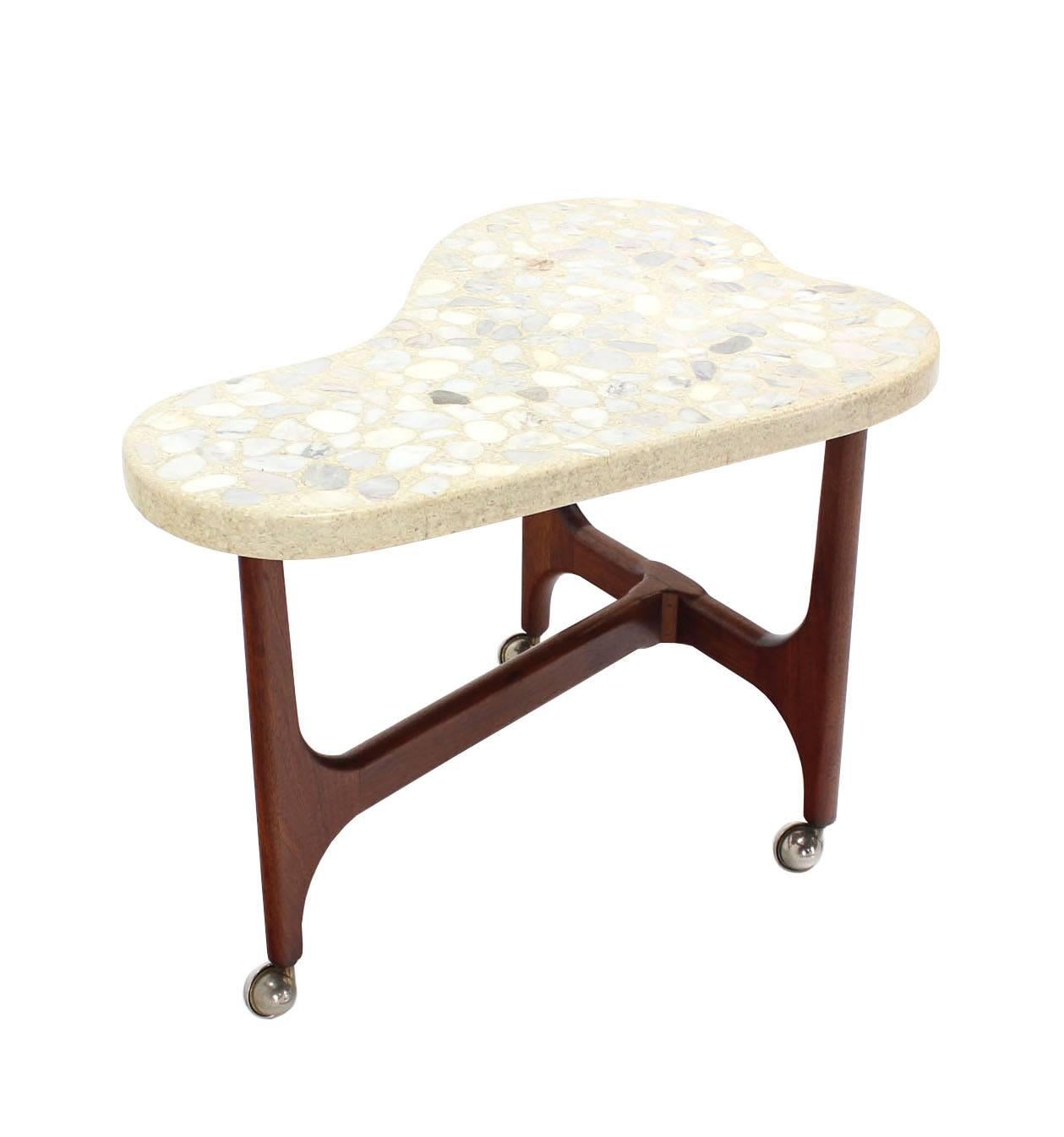 American Organic Shape Solid Oiled Walnut Base Travertine Terrazzo  Top End Side Table  For Sale