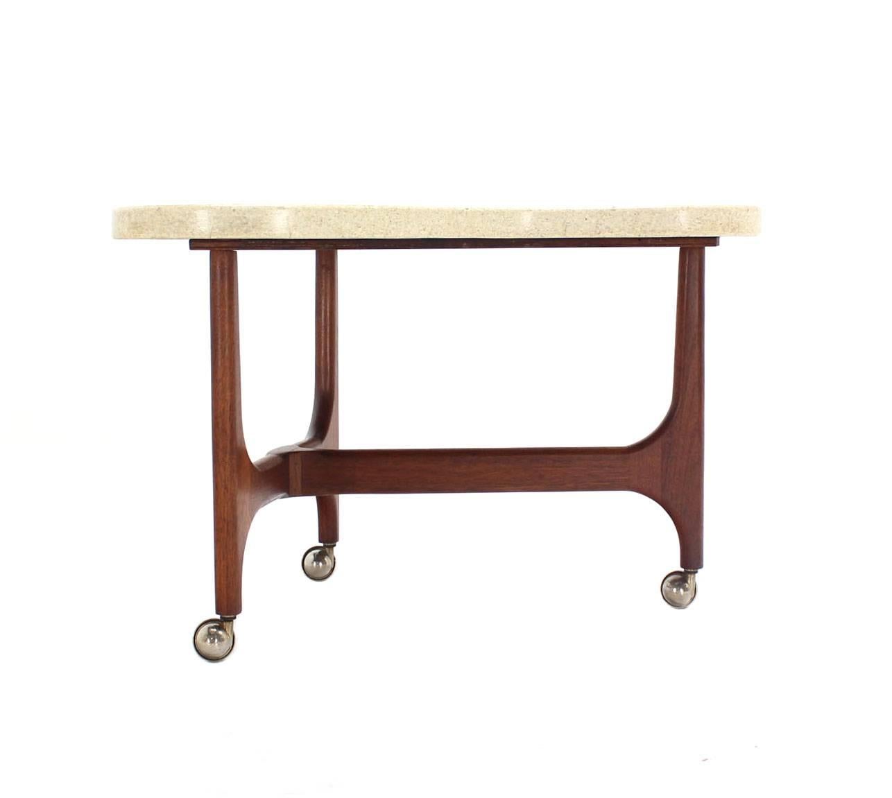 Organic Shape Solid Oiled Walnut Base Travertine Terrazzo  Top End Side Table In Excellent Condition For Sale In Rockaway, NJ