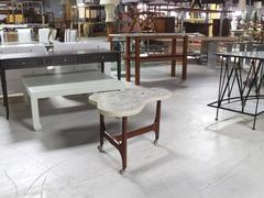 Organic Shape Solid Oiled Walnut Base Travertine Terrazzo  Top End Side Table