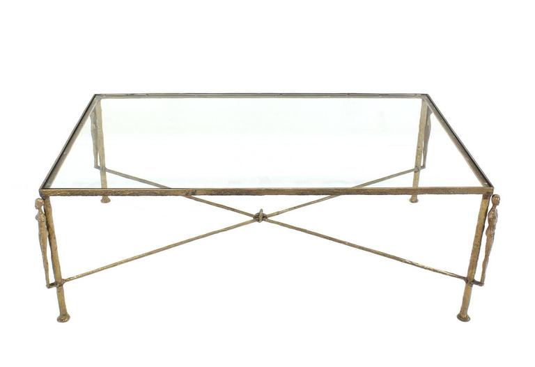 Large Rectangle Solid Bronze Figural Base GlassTop Coffee Table For