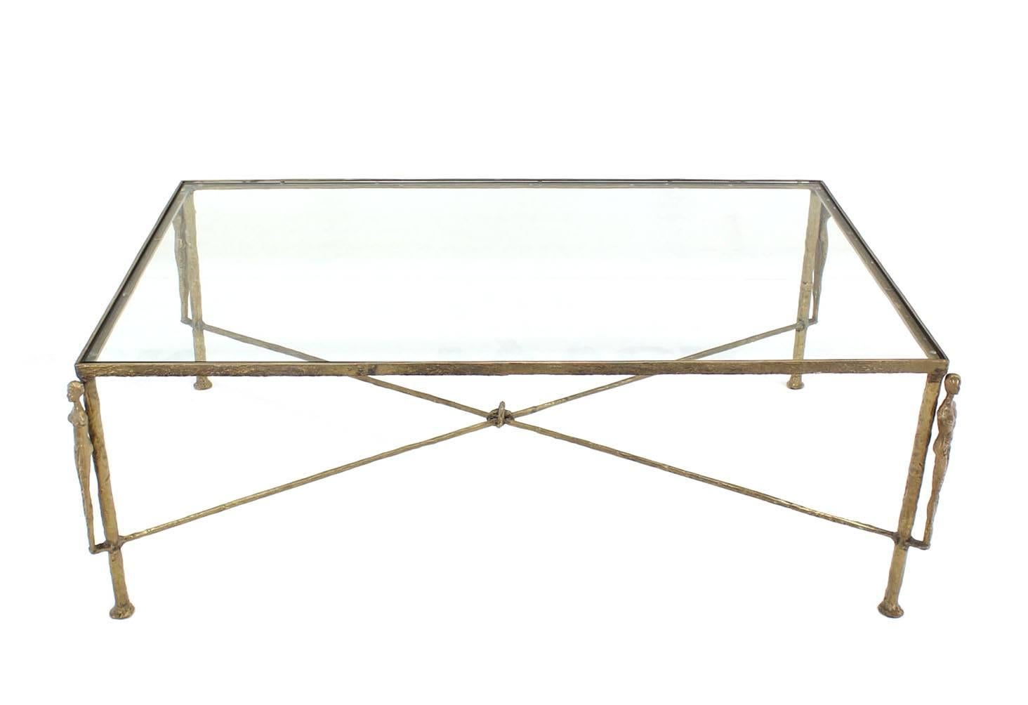 20th Century Large Rectangle  Solid Bronze Figural Base Glass-Top Coffee Table