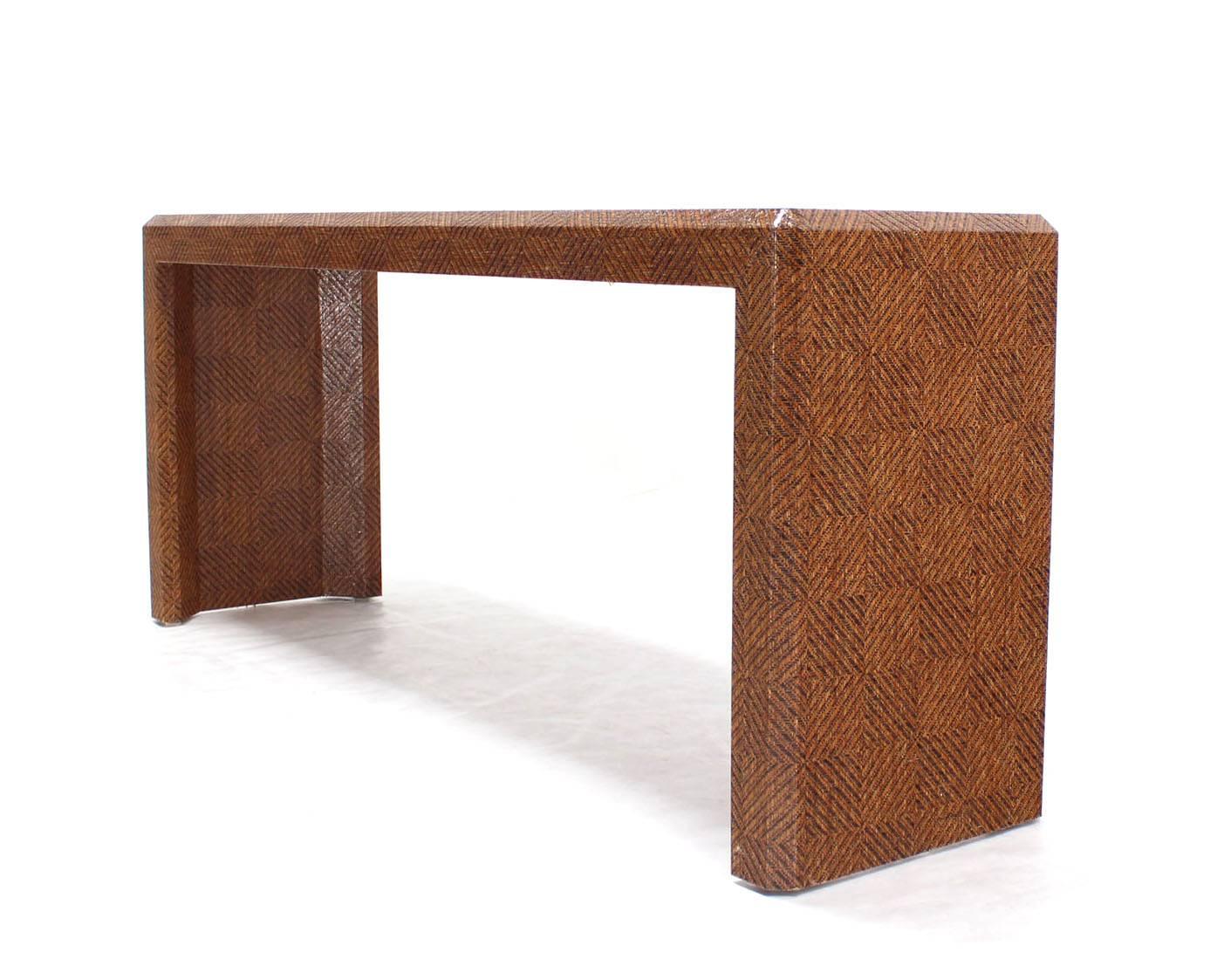 Mid-Century Modern Grass Cloth Covered Console Table with Solid Brass Inlay