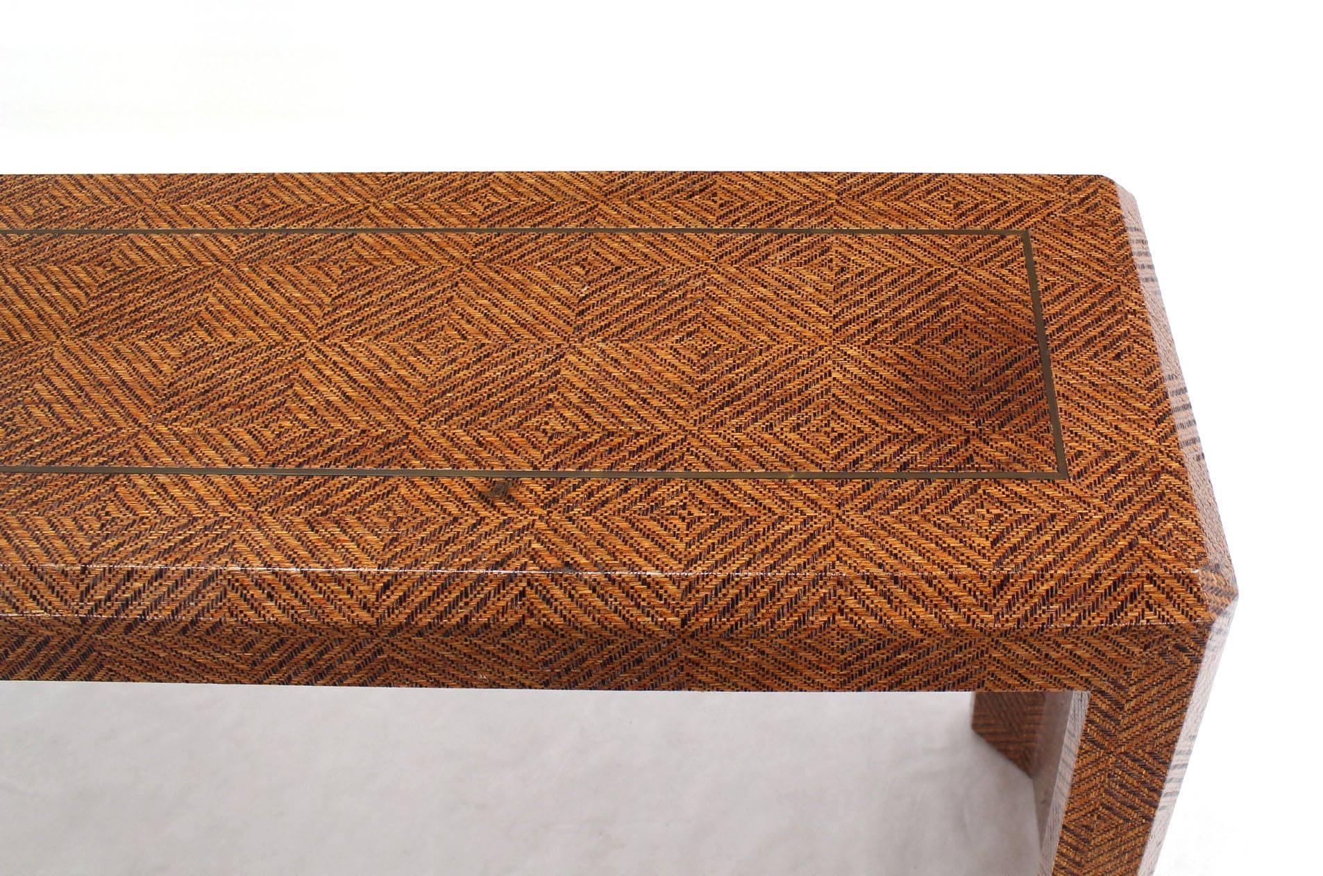 American Grass Cloth Covered Console Table with Solid Brass Inlay