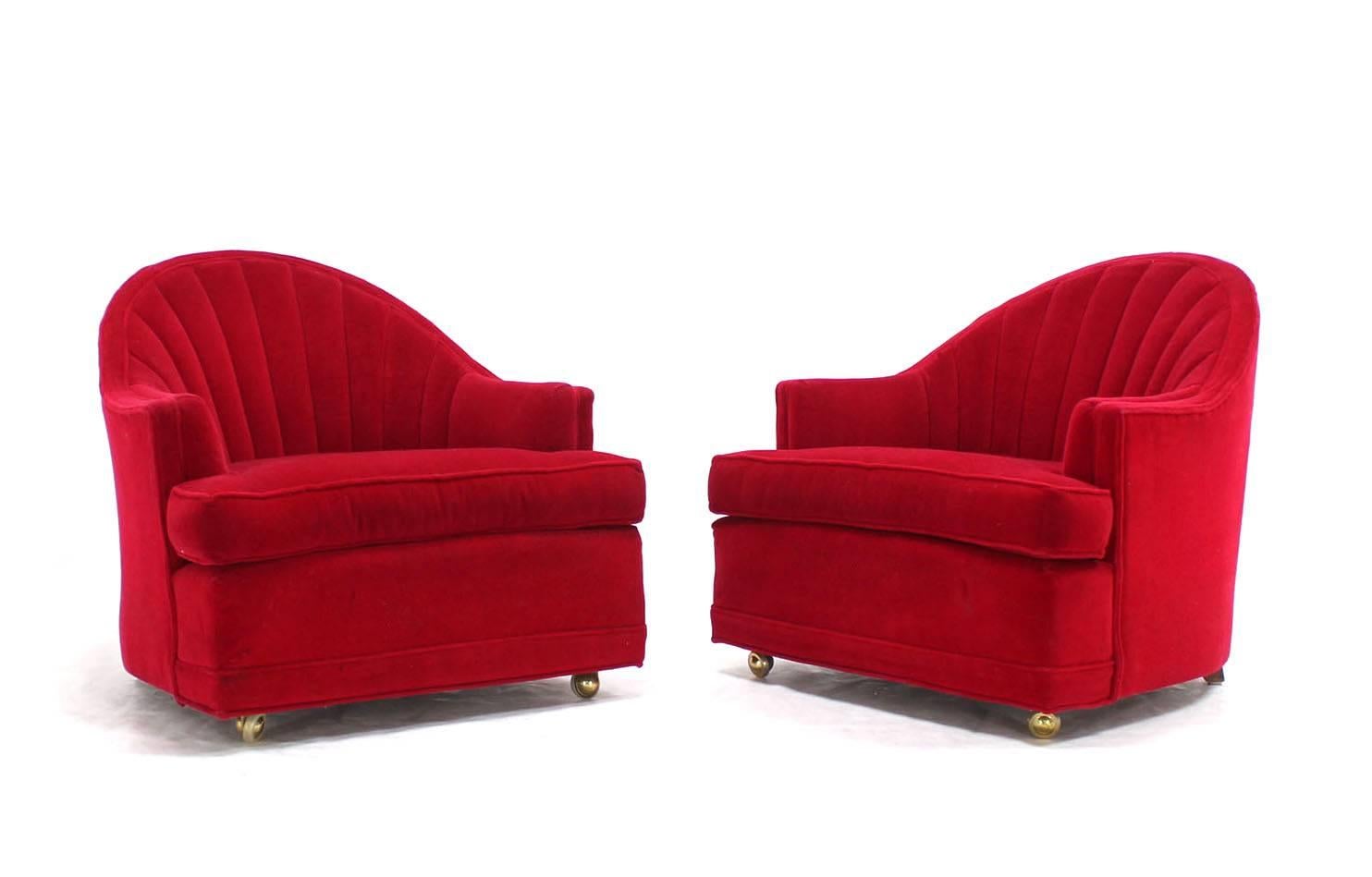 Pair of Red Upholstery Barrel Scallop Shape Back Lounge Chairs For Sale 1