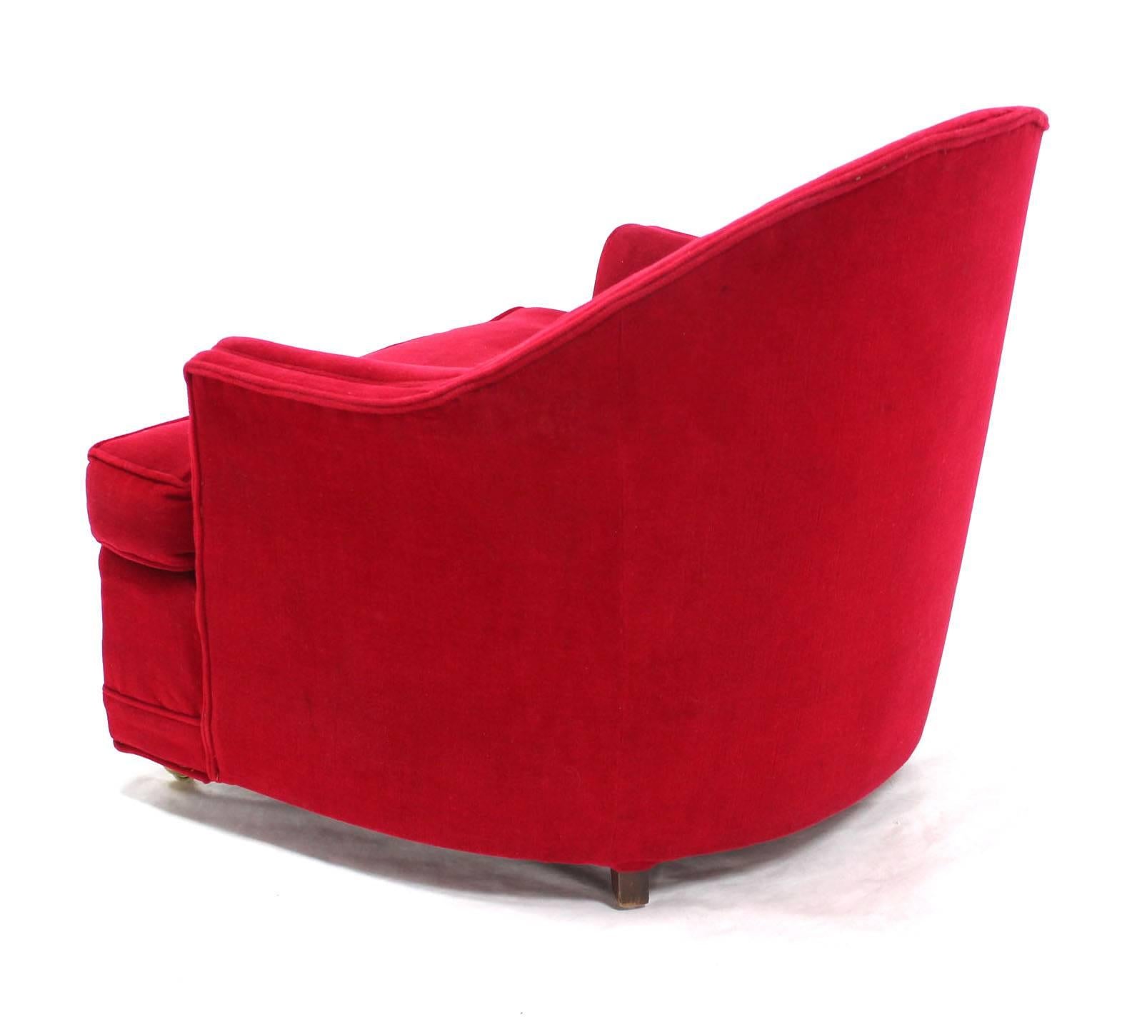 American Pair of Red Upholstery Barrel Scallop Shape Back Lounge Chairs For Sale