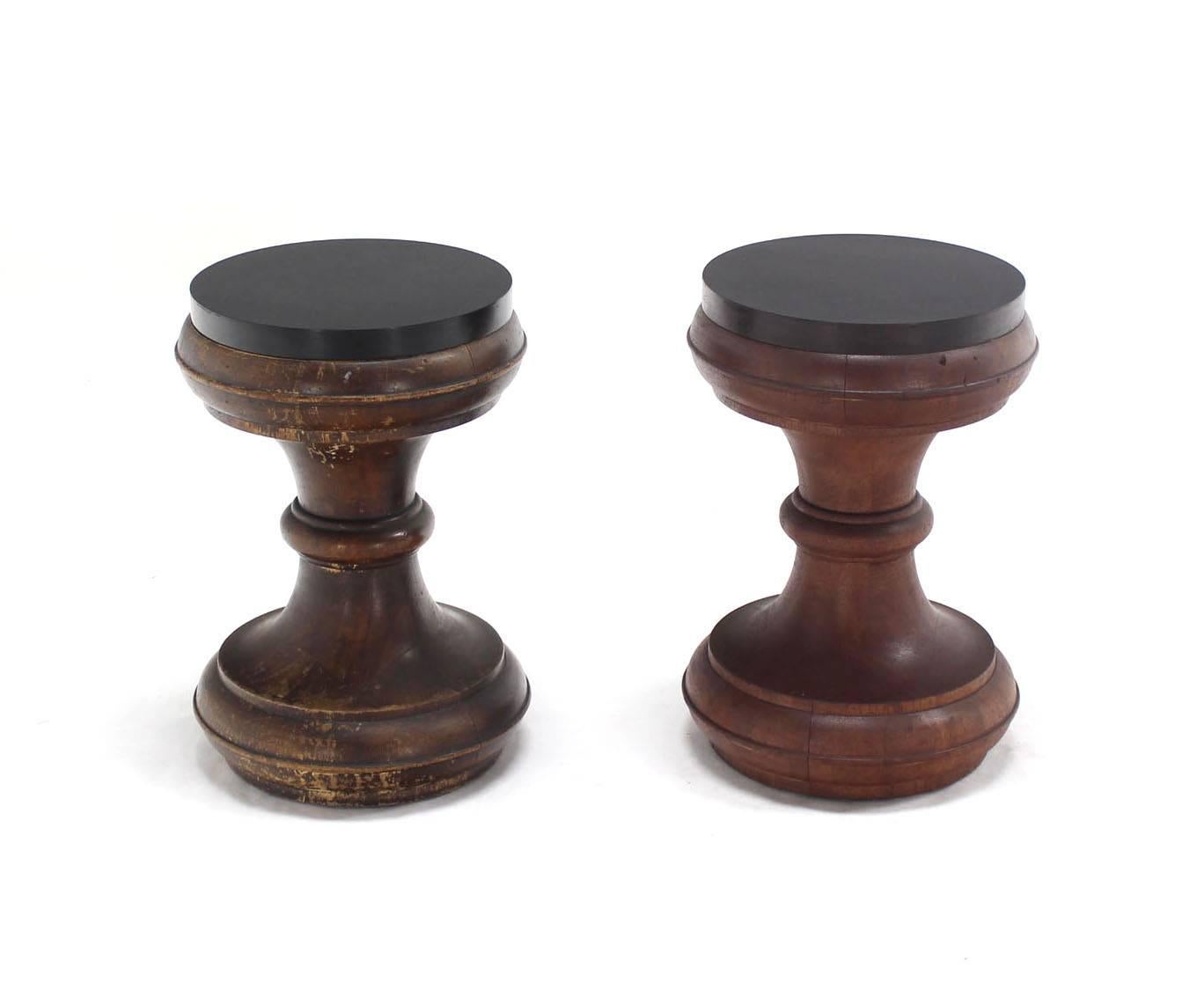 Pair of Earlier Turned Heavy Solid Walnut Stools In Good Condition For Sale In Rockaway, NJ