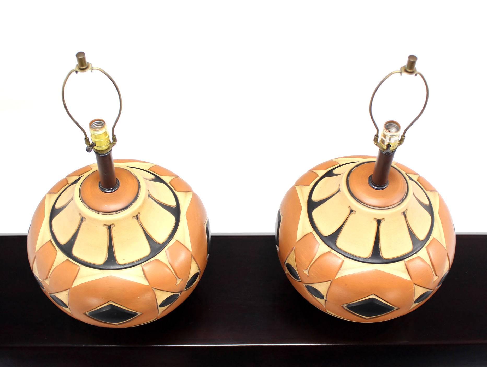 Terracotta Pair of Large Vase Onion Shape  Art Pottery Bases Table Lamps For Sale