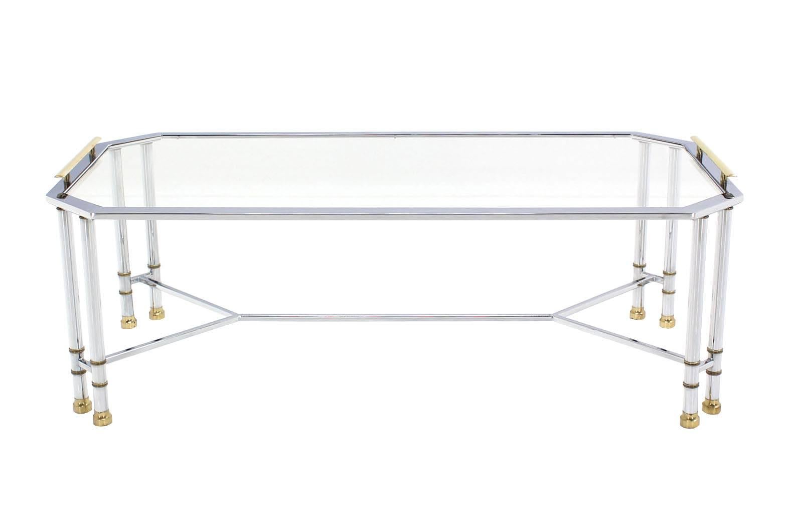 Jansen style mid century modern rectangle shape brass chrome glass coffee table.