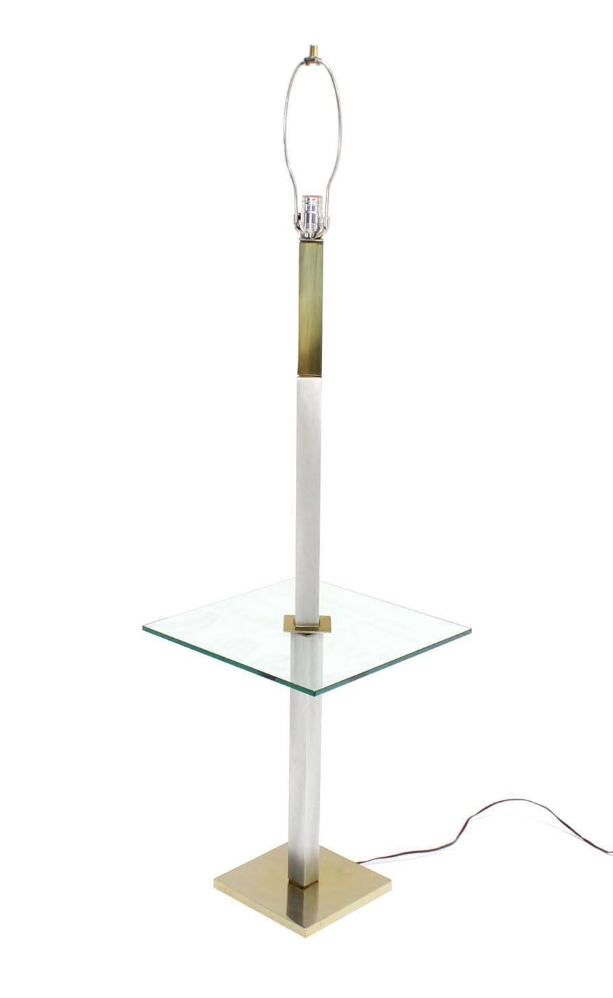 Chrome Brass Glass Table Floor Lamp Square Side Table In Excellent Condition For Sale In Rockaway, NJ