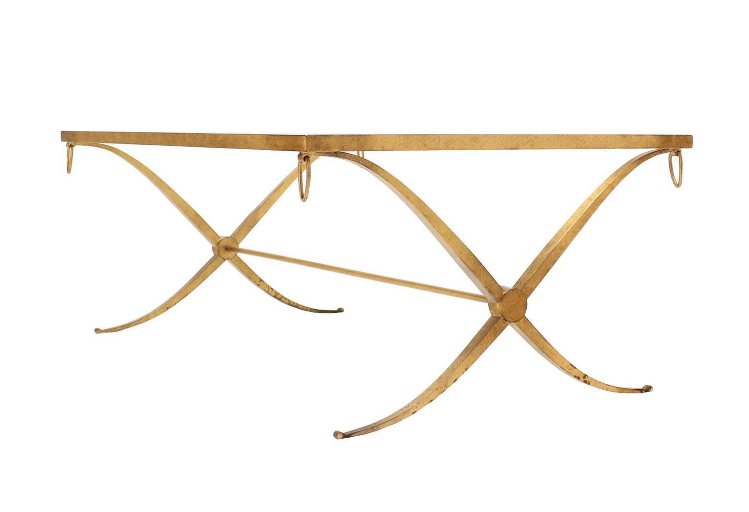 Heavy Gold Gilded Iron XBase Decorator Coffee Table with Glass Top at