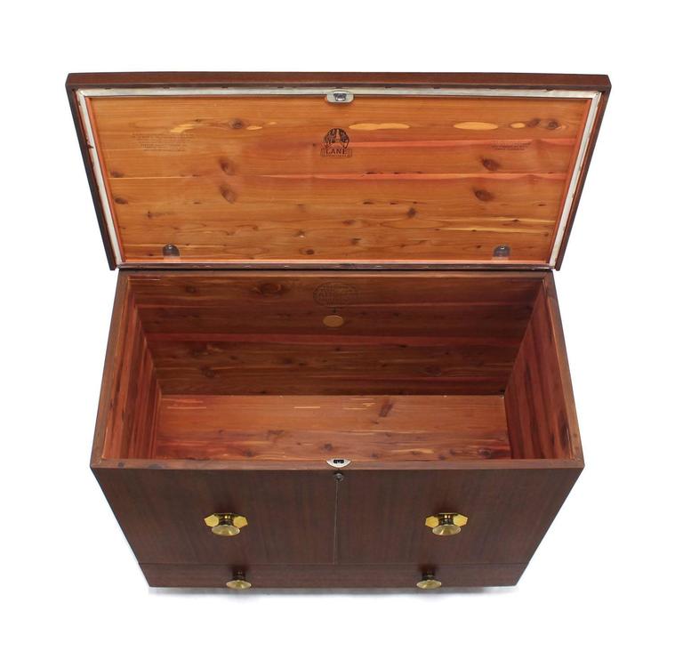 Mid Century Modern Cedar Lined Hope Chest w/ Brass Pulls One Bottom Drawer For Sale at 1stdibs