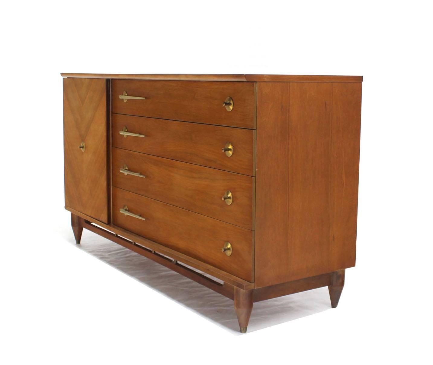 American Modernist Walnut One Door Chest  Drawers Dresser with Deco Brass Pulls 1