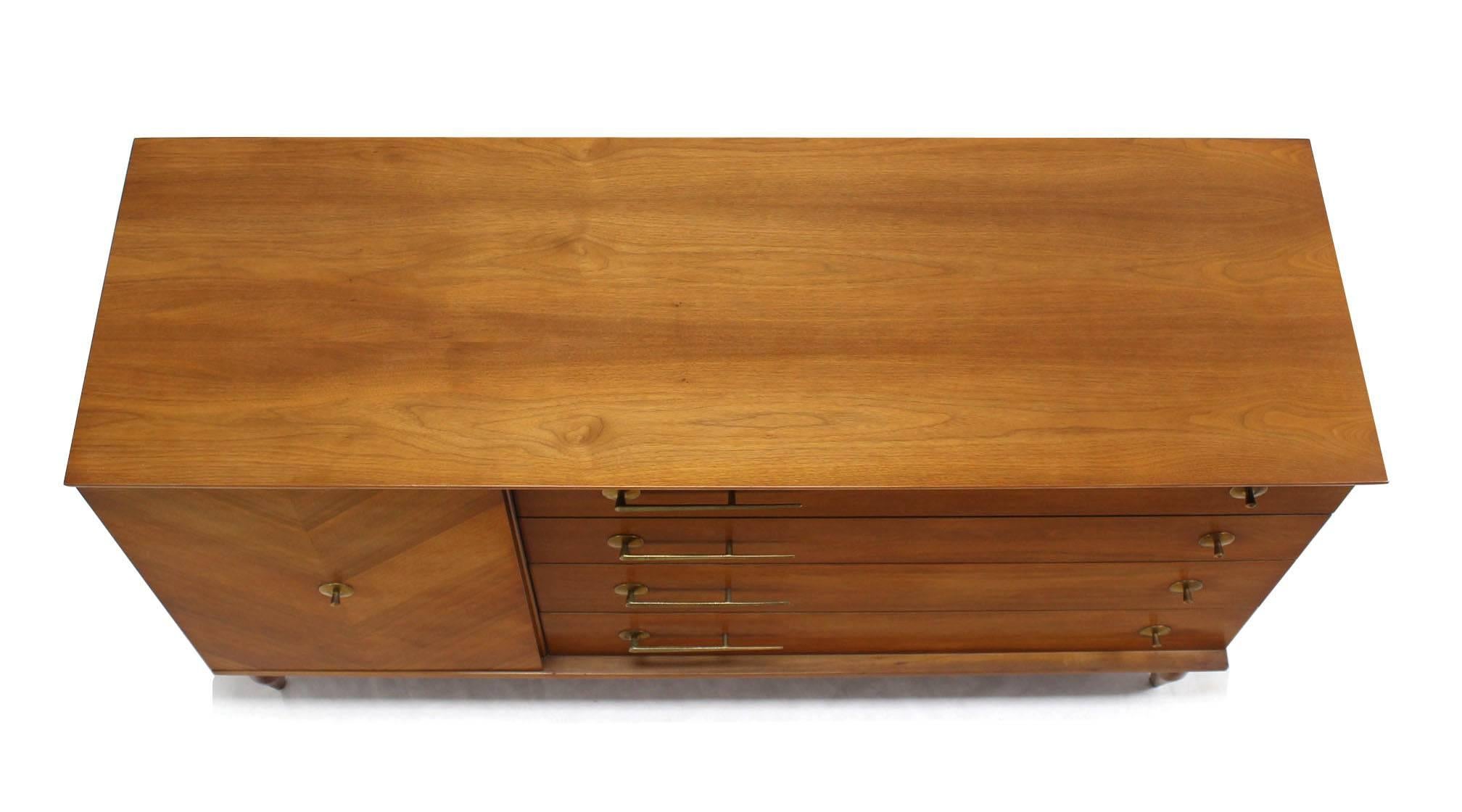 Lacquered American Modernist Walnut One Door Chest  Drawers Dresser with Deco Brass Pulls