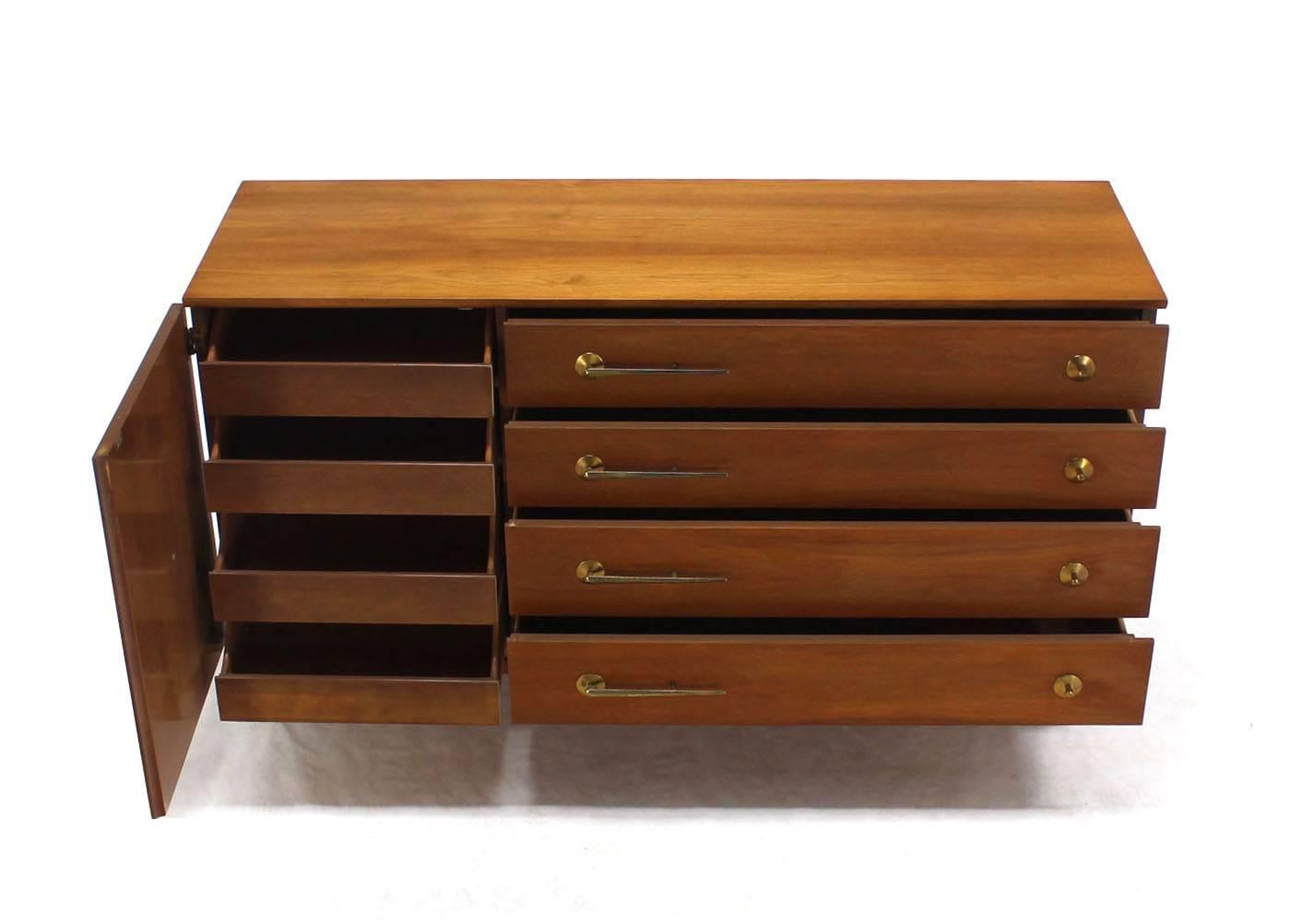 American Modernist Walnut One Door Chest  Drawers Dresser with Deco Brass Pulls In Excellent Condition In Rockaway, NJ