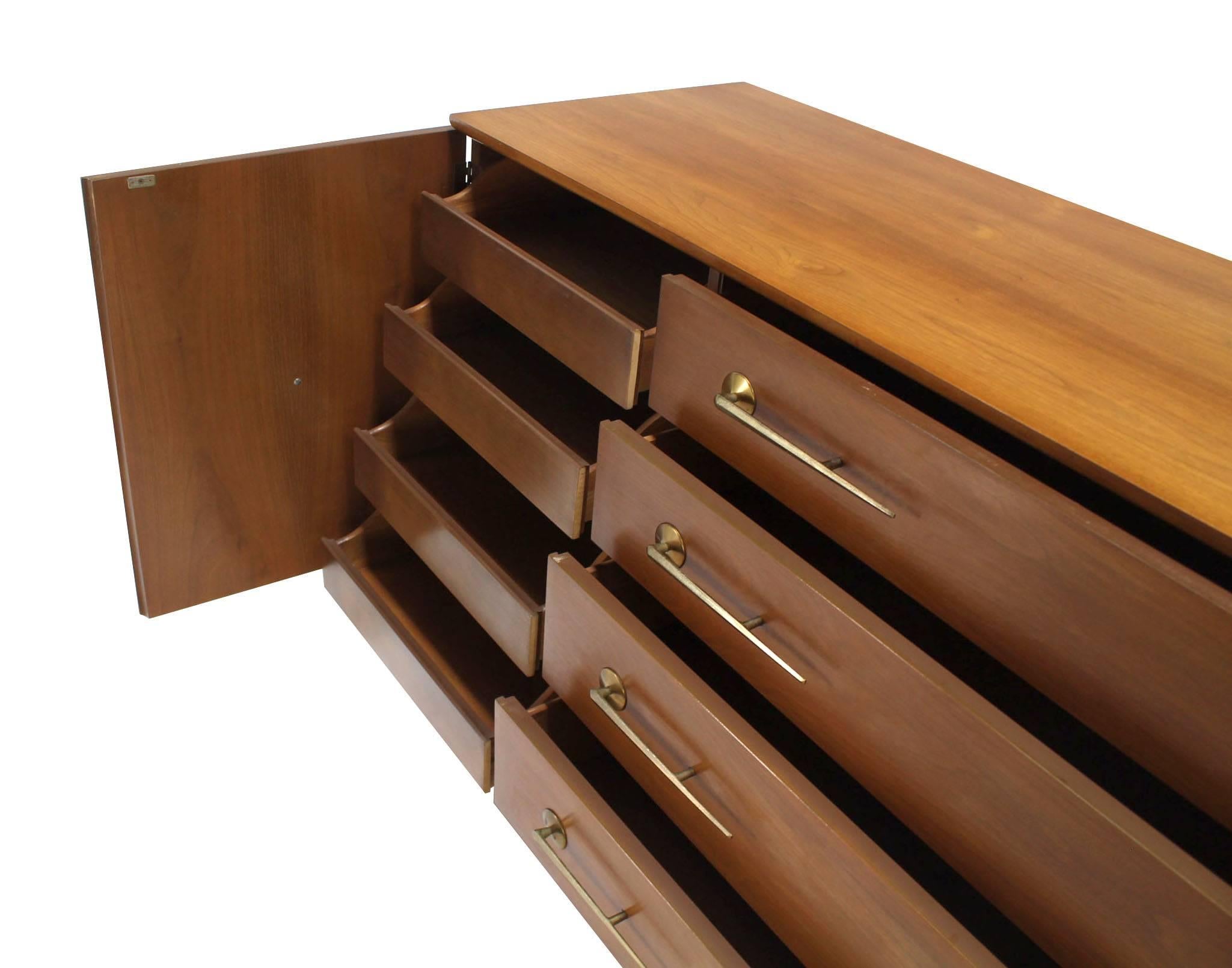 20th Century American Modernist Walnut One Door Chest  Drawers Dresser with Deco Brass Pulls