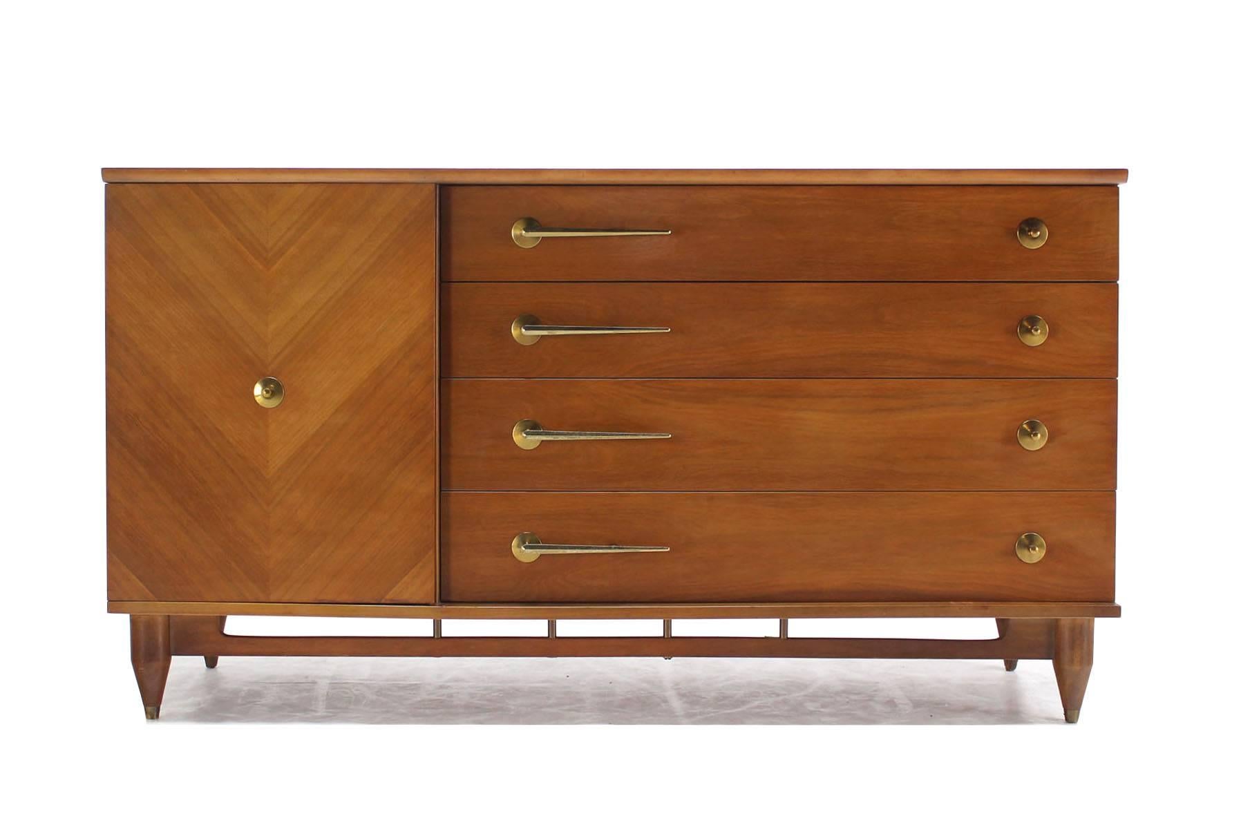 Mid-Century Modern American Modernist Walnut One Door Chest  Drawers Dresser with Deco Brass Pulls