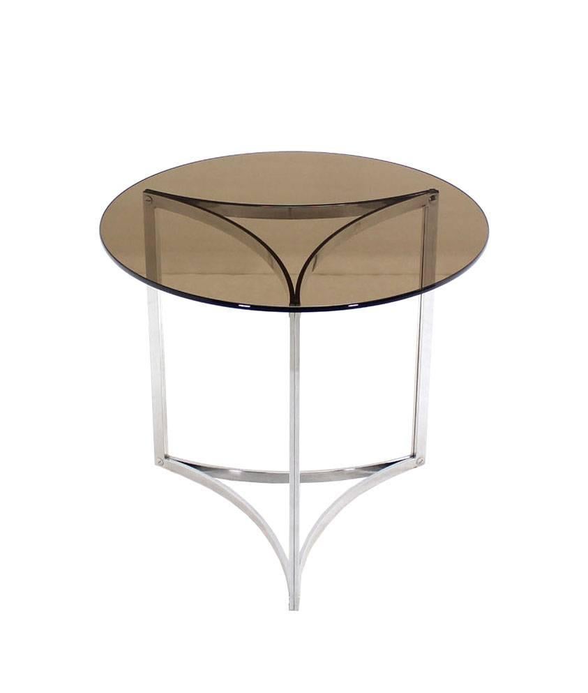 Polished Triangular Bent Chrome Ribbon Base Smoked Glass Top Side End Table For Sale