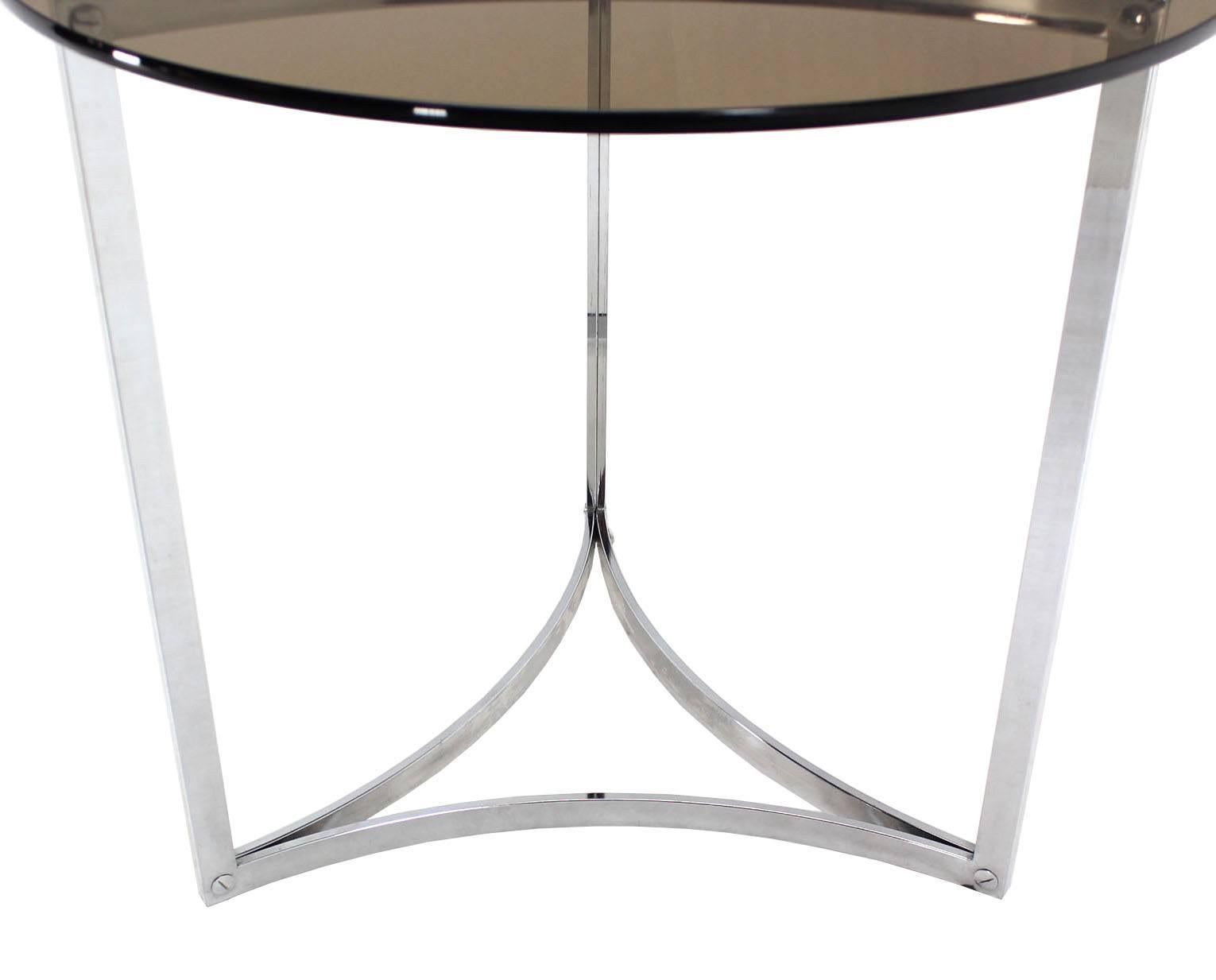 Mid-Century Modern Triangular Bent Chrome Ribbon Base Smoked Glass Top Dinette Dining Game Table For Sale