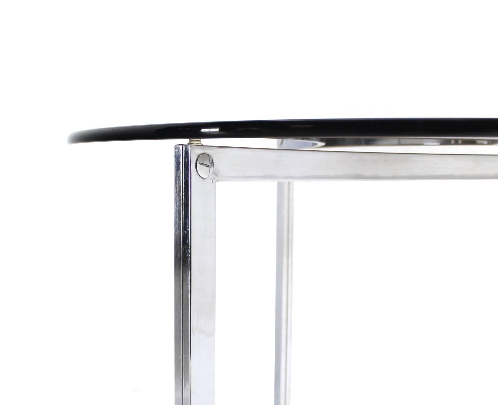 American Triangular Bent Chrome Ribbon Base Smoked Glass Top Side End Table For Sale