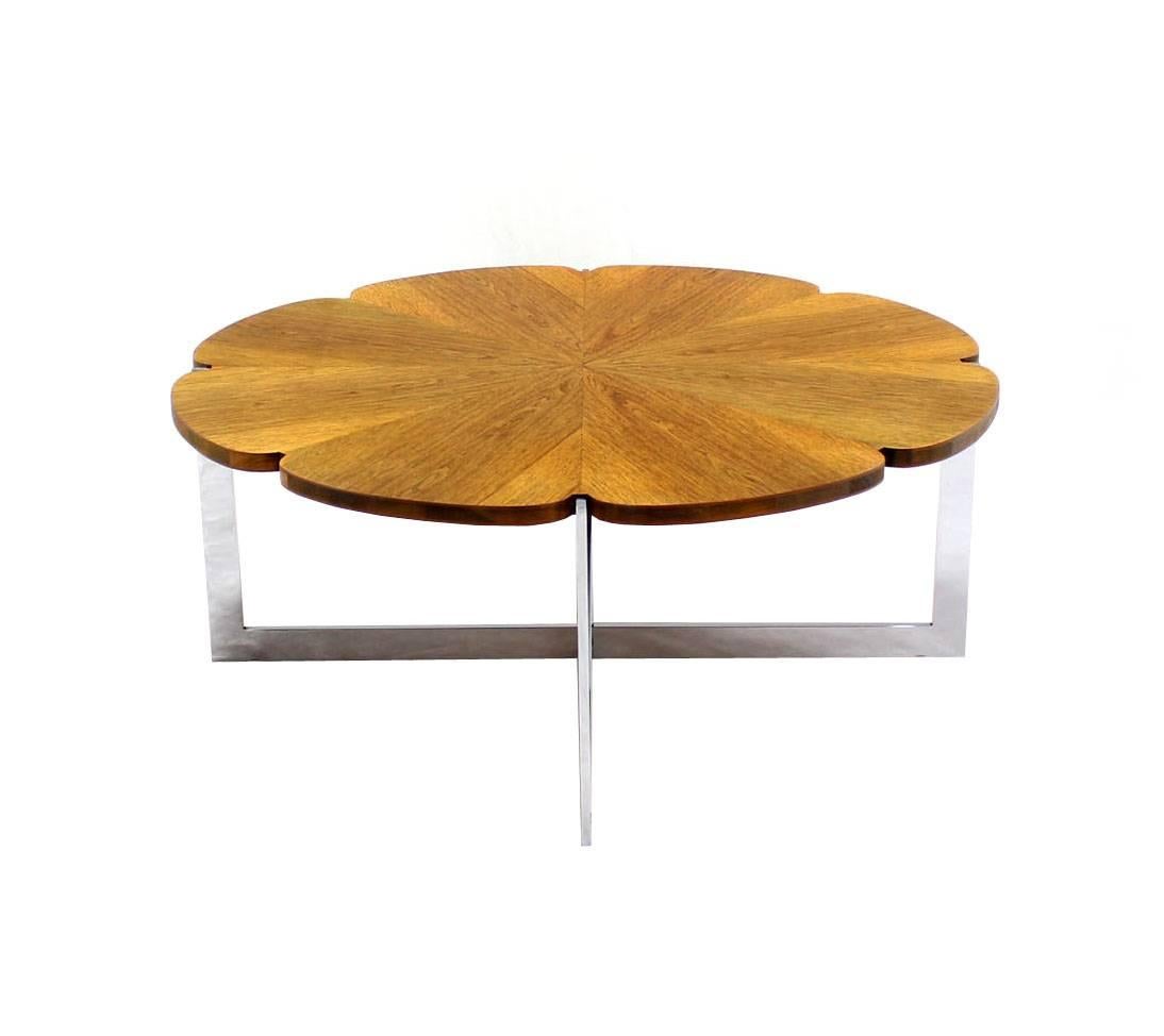 Polished Daisy Shape Round Walnut Top Chrome X Base Coffee Table