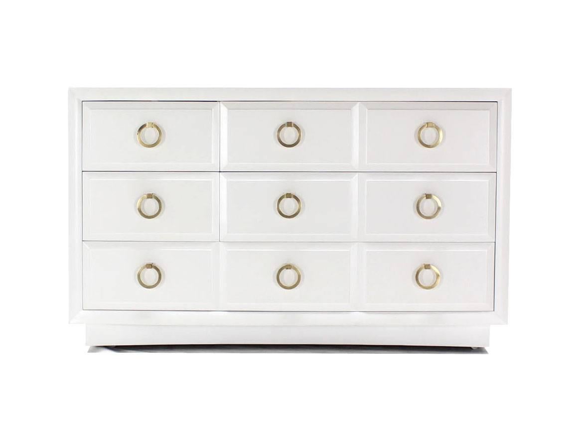 Lacquered Robsjohn-Gibbings White Lacquer Five-Drawers Chest or Dresser Round Brass Pulls