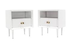 Pair of White Lacquer End Tables Nightstands Heavy Square Brass Pulls