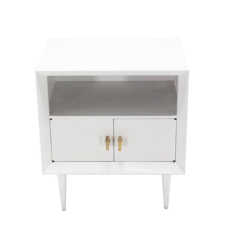 Pair of White Lacquer End Tables Nightstands Heavy Square Brass Pulls