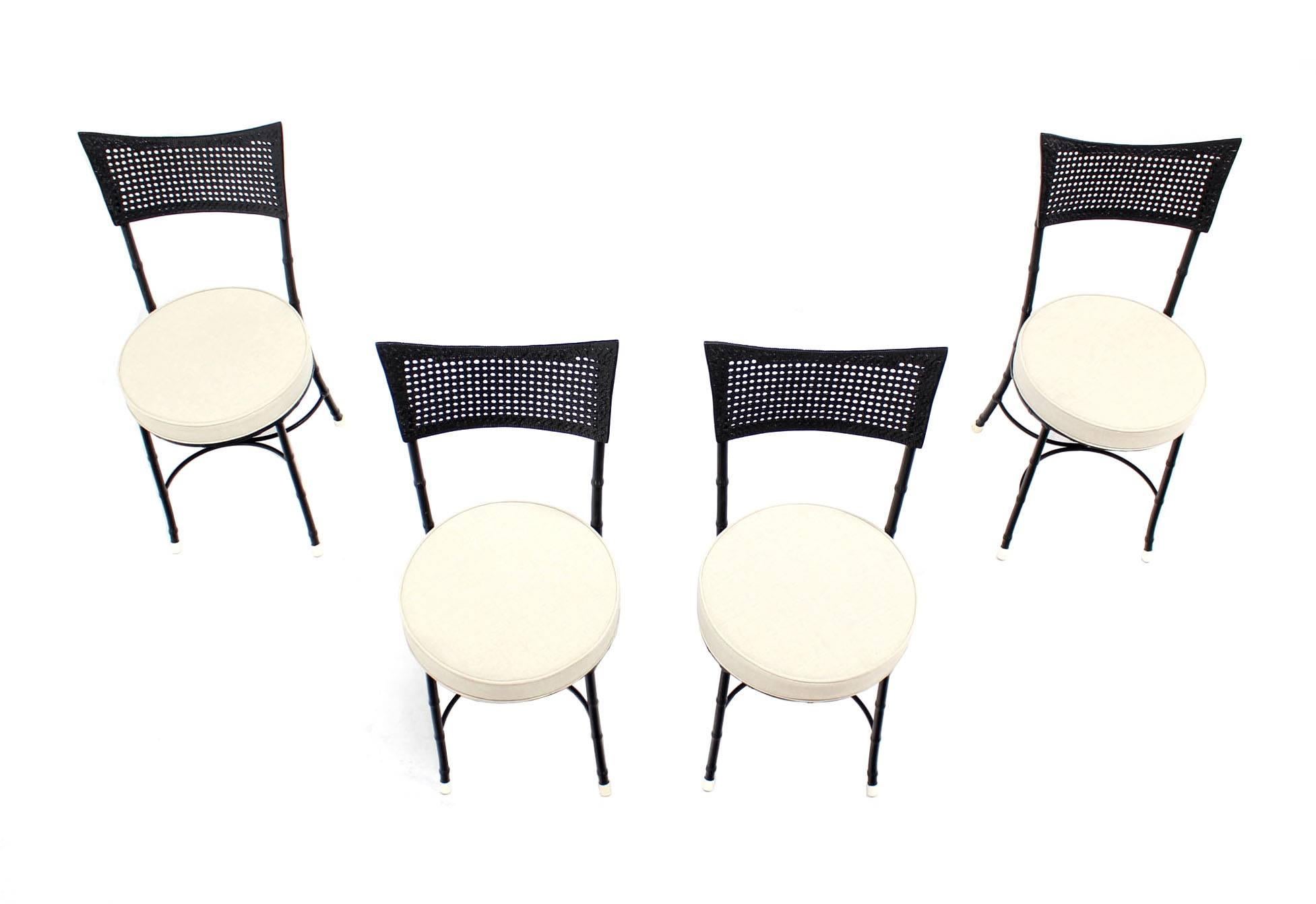 Lacquered Four Cast Aluminum Faux Bamboo and Cane Round Seat Chairs