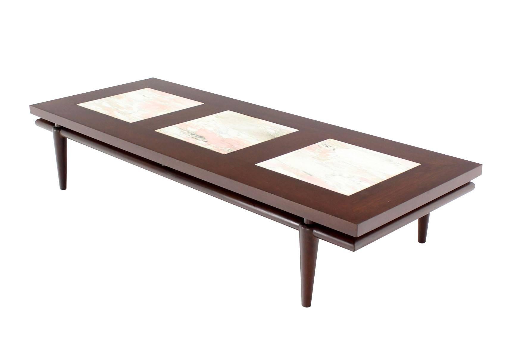 Nice "floating" rectangle top with three marble inserts coffee table by Widdicomb.