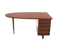 Unusual Oval Shape Walnut Partners Extra Deep Desk Long Metal Stip Shape Pulls