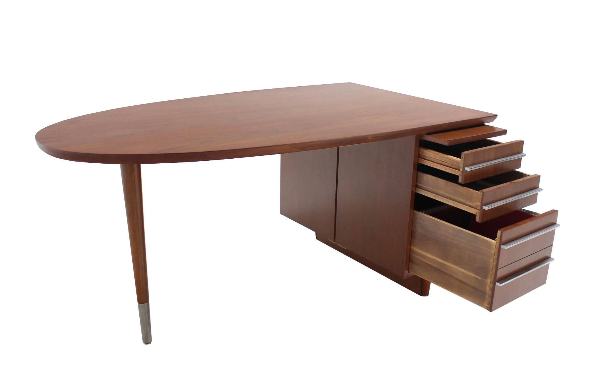 Lacquered Unusual Oval Shape Walnut Partners Extra Deep Desk Long Metal Stip Shape Pulls