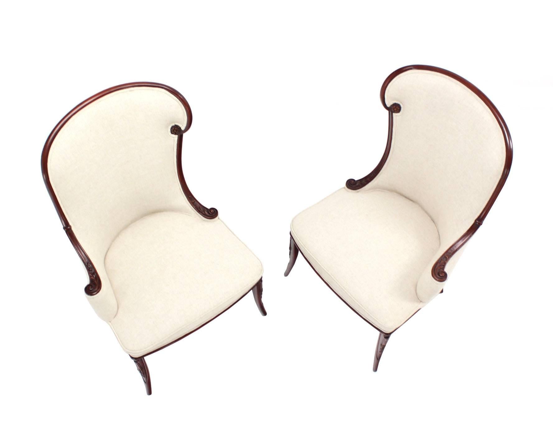 Pair of Antique Carved Mahogany Fireside Chairs with New Upholstery 3