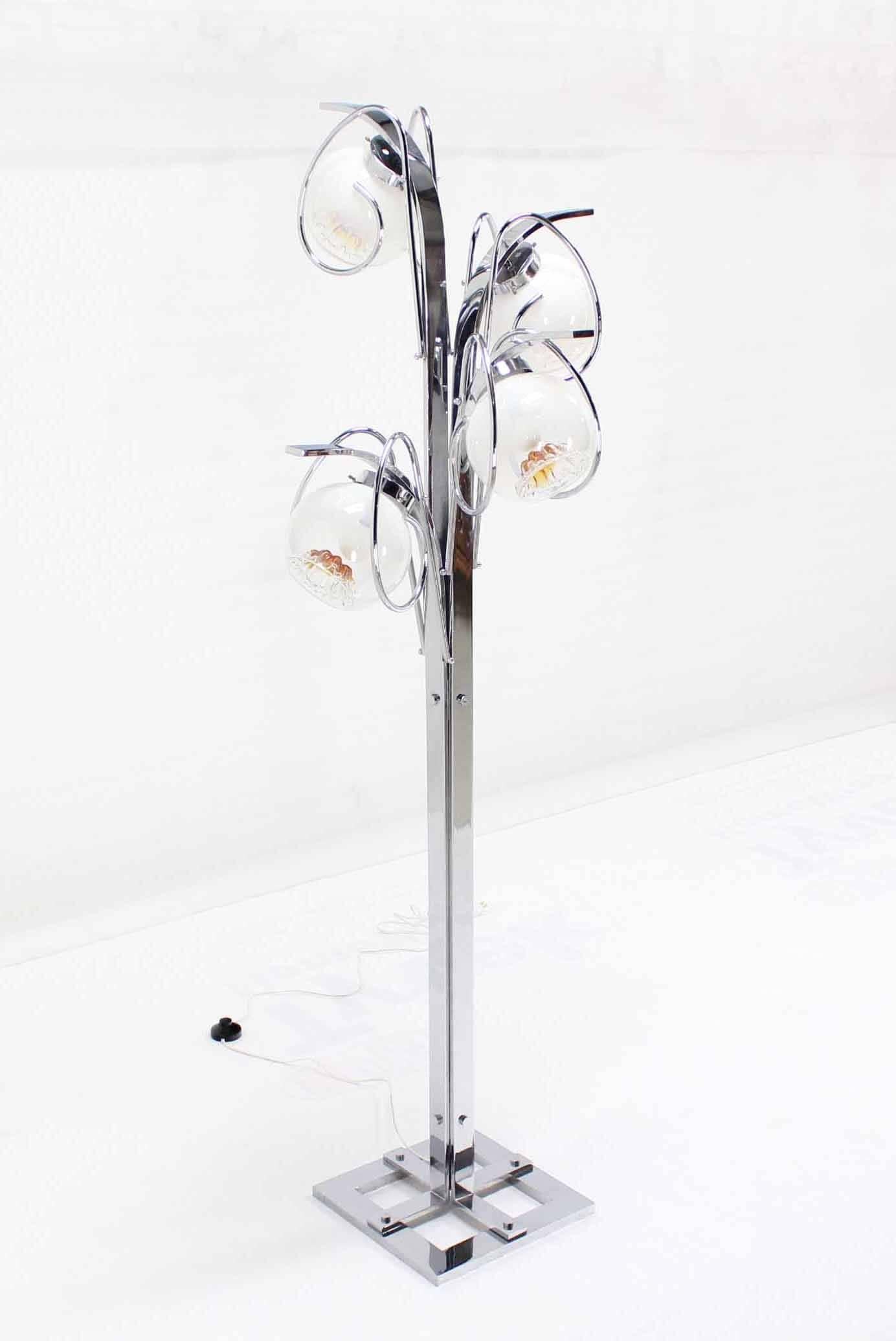 Very nice chrome work quality Italian floor lamp with four art glass globes/shades.