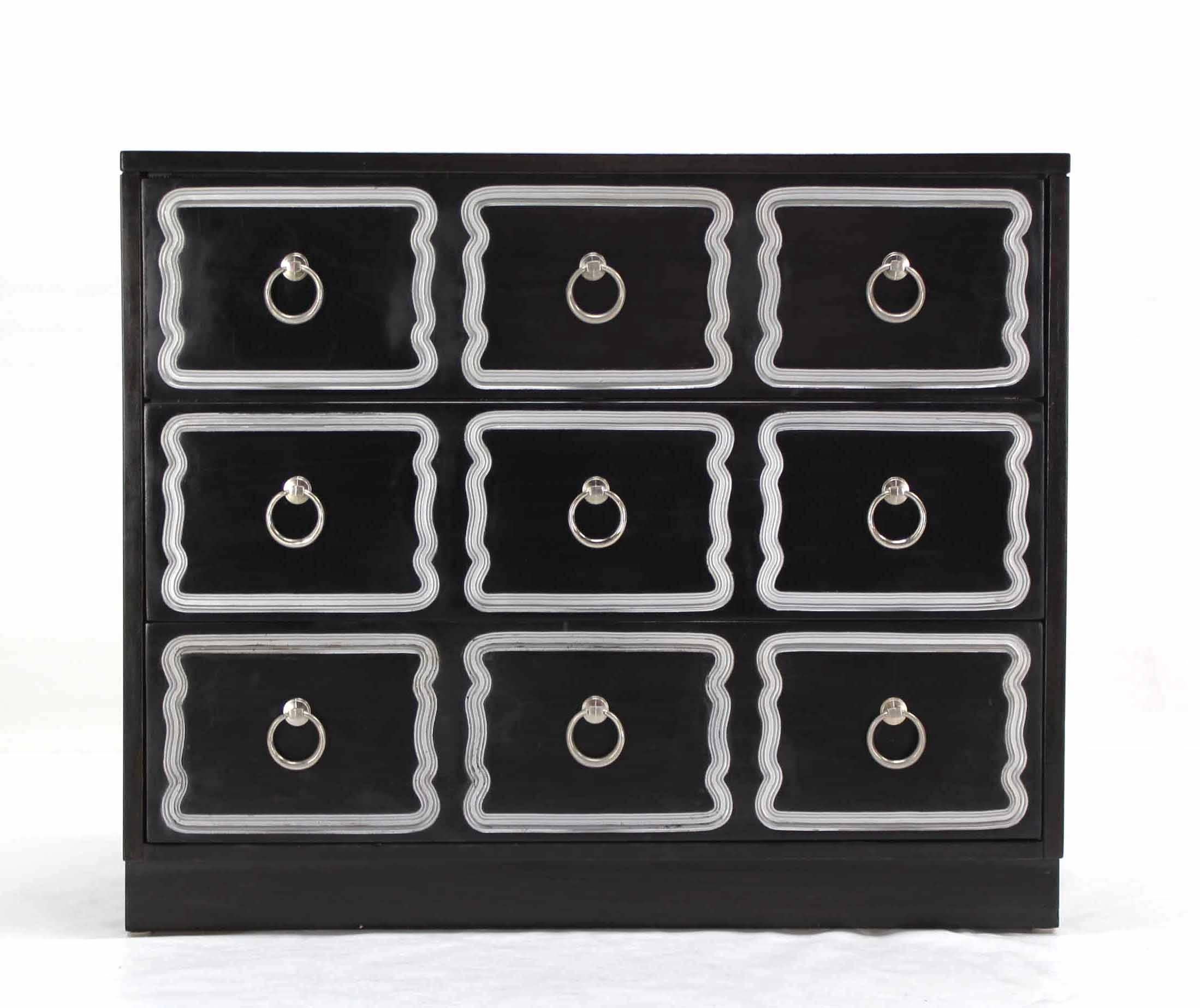 American Dorothy Draper Style Black and Silver Three Drawer Chest of Drawers Dresser