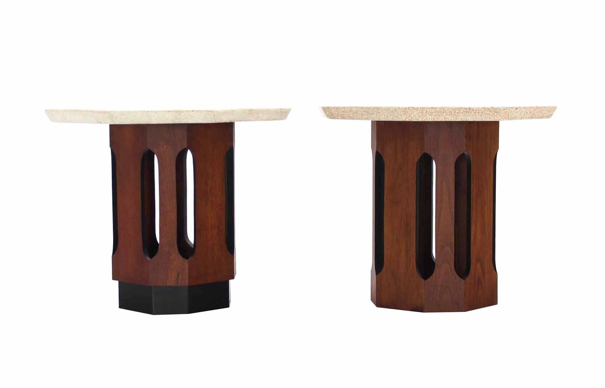 Good quality vintage end tables on walnut bases. Thick travertine terrazzo tops with mosaic inlays. These are non matching bases. One of the bases has a subbase please see the pictures.