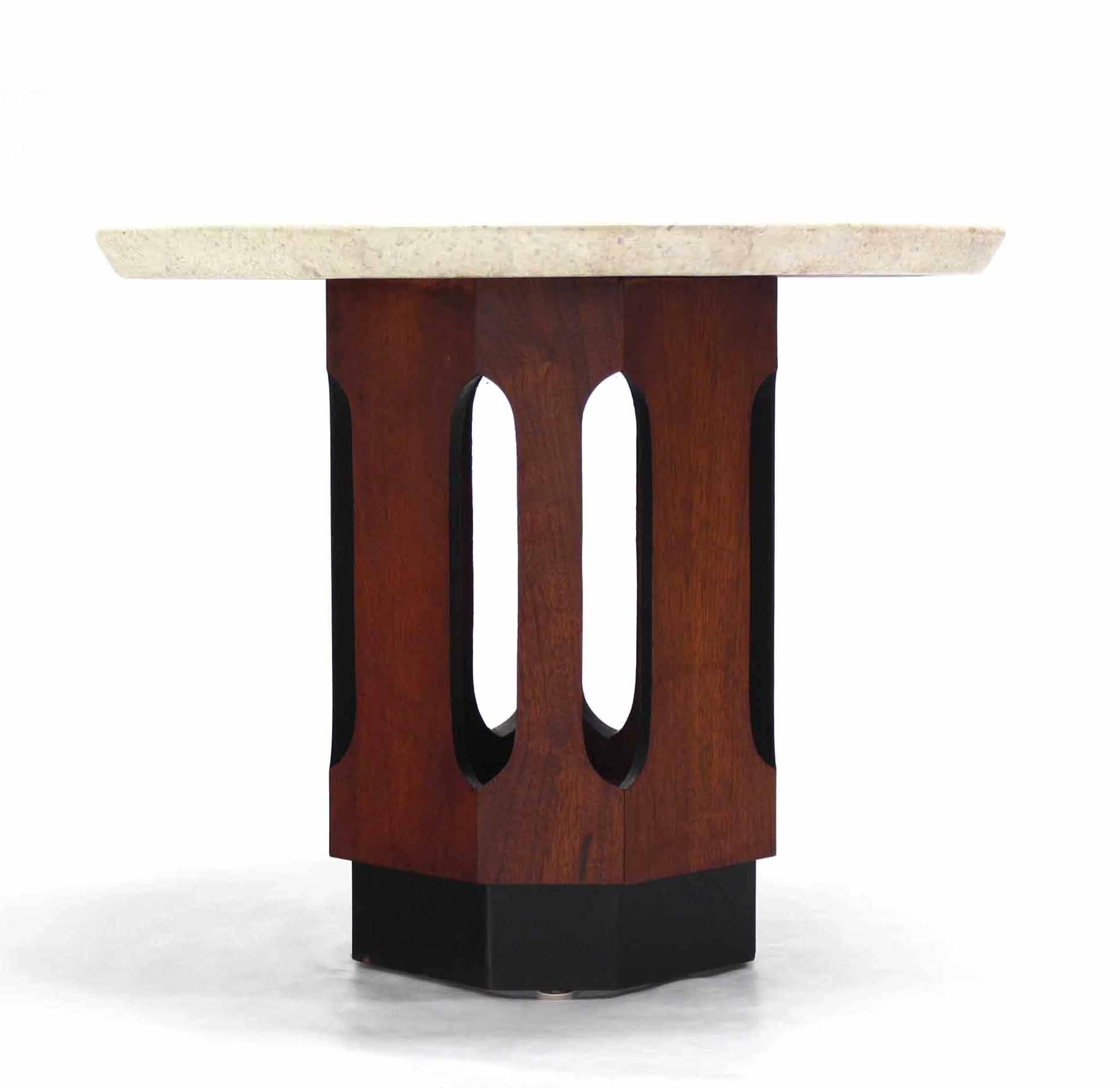 Lacquered Pair of Octagon Shape Travertine Terrazzo Top End or Side Table on Walnut Bases For Sale